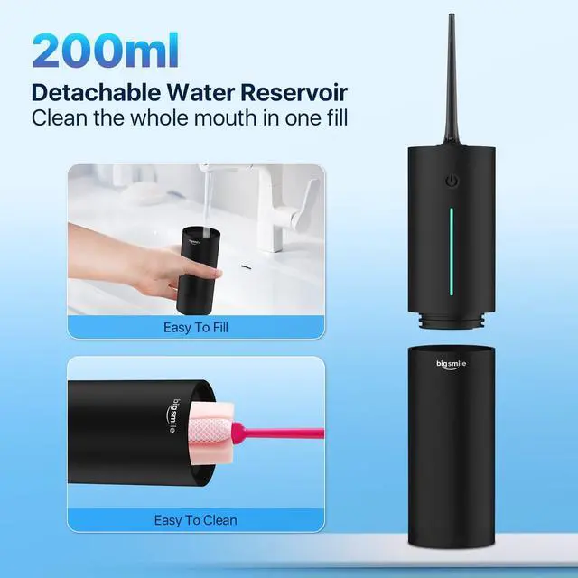 Alt view image 5 of 7 - Black Water Flosser Cordless Portable Dental Irrigator Travel Shower Strong Pick Floss IPX7 200ML Must Have for Kids Braces Bridges (Black