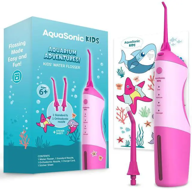 Main image of Kids' Water Flosser for Ages 6+ | Standard Nozzle, Orthodontic Nozzle & Waterproof Stickers | 4 Flossing Modes | Aquarium Adventures Theme (Pink)