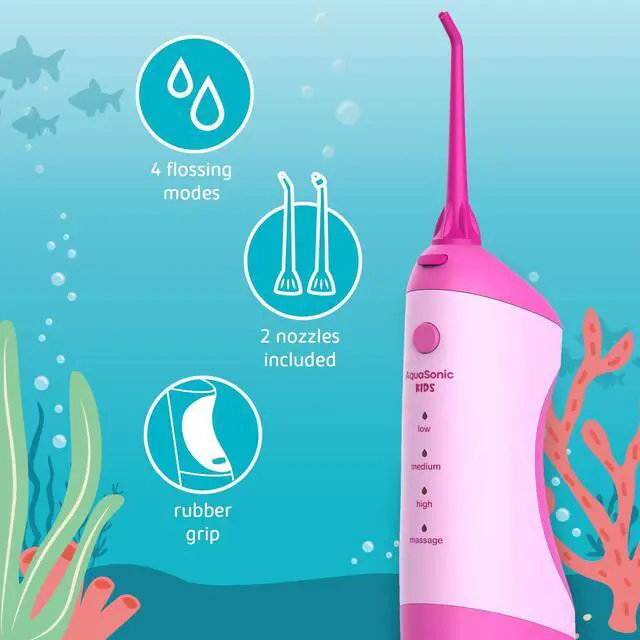 Alt view image 2 of 7 - Kids' Water Flosser for Ages 6+ | Standard Nozzle, Orthodontic Nozzle & Waterproof Stickers | 4 Flossing Modes | Aquarium Adventures Theme (Pink)