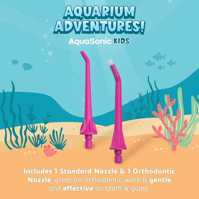 Alt view image 3 of 7 - Kids' Water Flosser for Ages 6+ | Standard Nozzle, Orthodontic Nozzle & Waterproof Stickers | 4 Flossing Modes | Aquarium Adventures Theme (Pink)