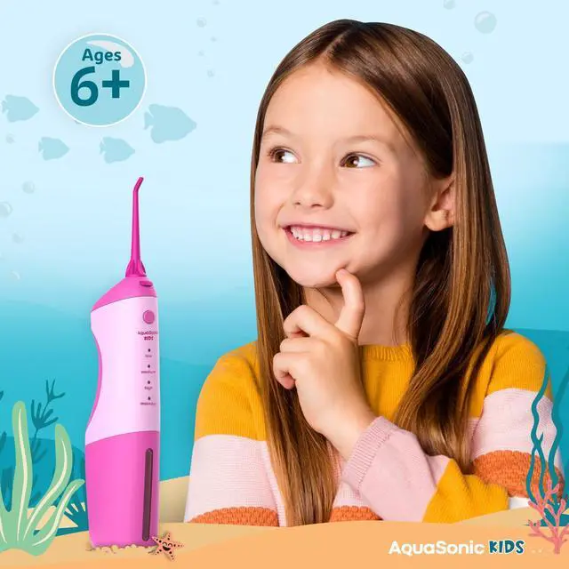 Alt view image 5 of 7 - Kids' Water Flosser for Ages 6+ | Standard Nozzle, Orthodontic Nozzle & Waterproof Stickers | 4 Flossing Modes | Aquarium Adventures Theme (Pink)