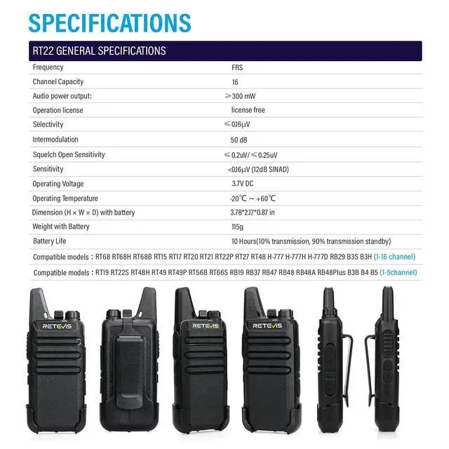 Alt view image 7 of 7 - RT22 Compact & Lightweight FRS Walkie Talkies Long Range (4 Pack)