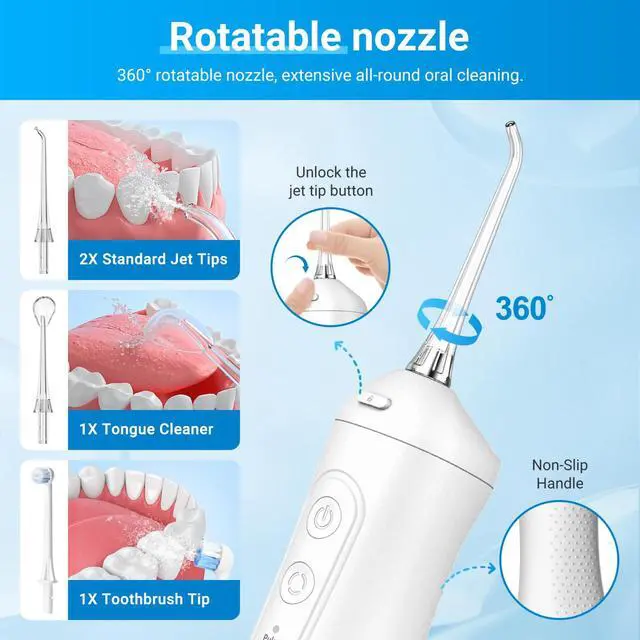 Alt view image 2 of 7 - Portable Water Flosser for Teeth - 4 Modes Cordless Oral Irrigator with 300ML Tank, 360° Rotating Nozzle, 4 Jet Tips, Rechargeable, IPX7 Waterproof, Low Noise Gravity Ball Design (M159 - White)