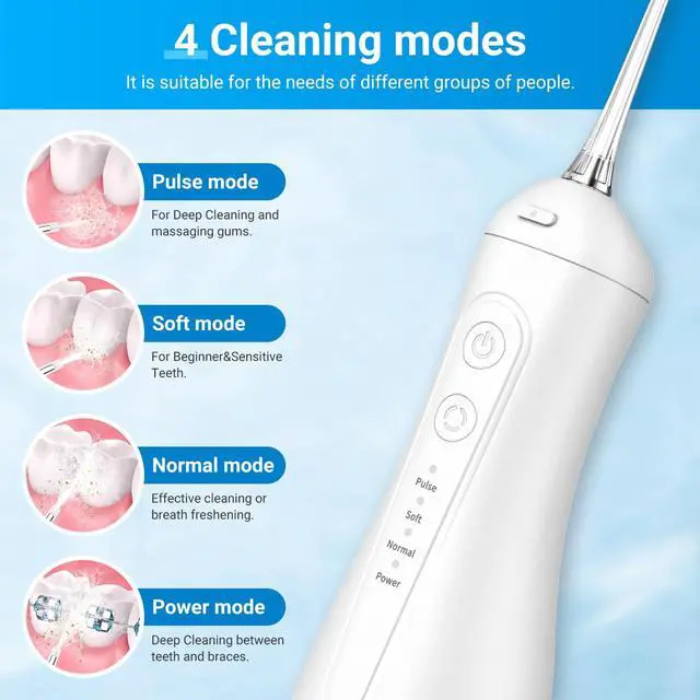 Alt view image 6 of 7 - Portable Water Flosser for Teeth - 4 Modes Cordless Oral Irrigator with 300ML Tank, 360° Rotating Nozzle, 4 Jet Tips, Rechargeable, IPX7 Waterproof, Low Noise Gravity Ball Design (M159 - White)