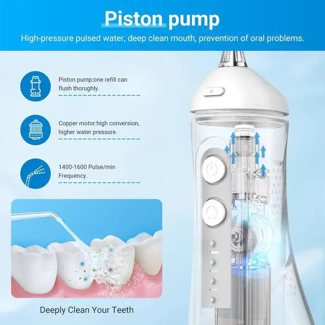 Alt view image 7 of 7 - Portable Water Flosser for Teeth - 4 Modes Cordless Oral Irrigator with 300ML Tank, 360° Rotating Nozzle, 4 Jet Tips, Rechargeable, IPX7 Waterproof, Low Noise Gravity Ball Design (M159 - White)