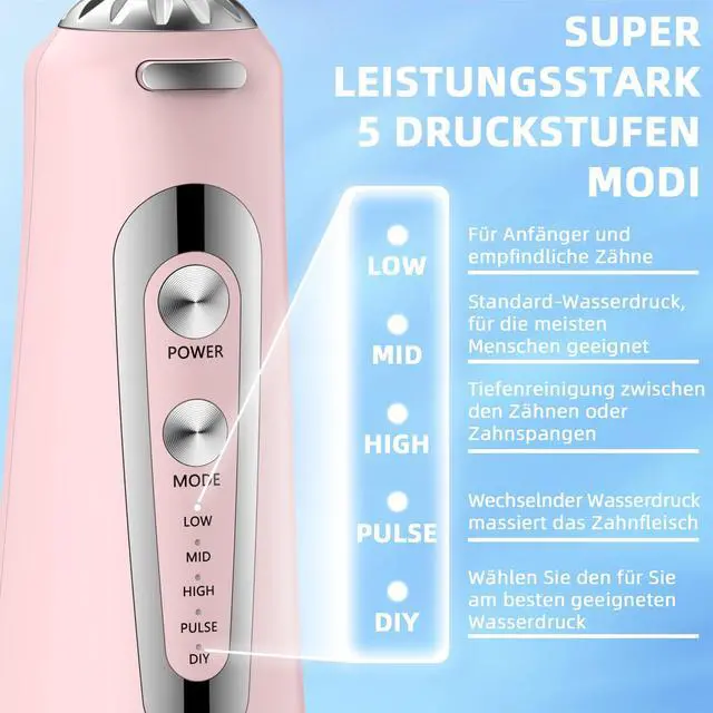 Alt view image 2 of 7 - Water Flosser,300ML Water Pulse flossers-5 Modes&6 Replaceable Jet Tips for Teeth Cleaning and Flossing,Rechargeable (Pink)