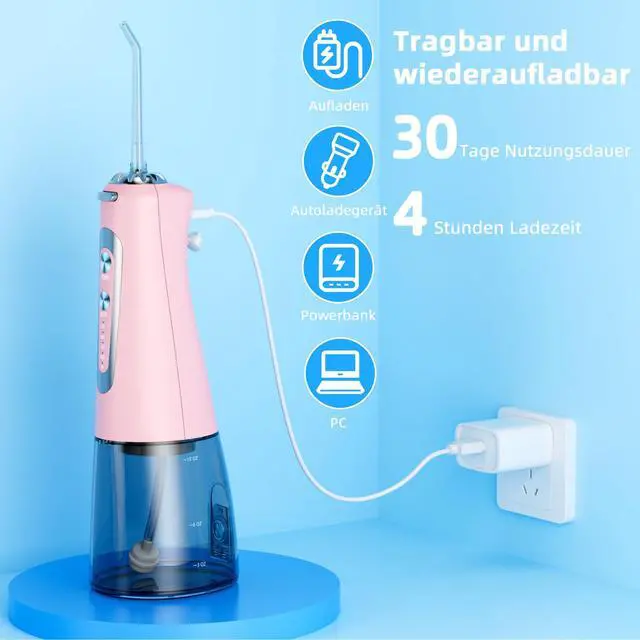 Alt view image 6 of 7 - Water Flosser,300ML Water Pulse flossers-5 Modes&6 Replaceable Jet Tips for Teeth Cleaning and Flossing,Rechargeable (Pink)