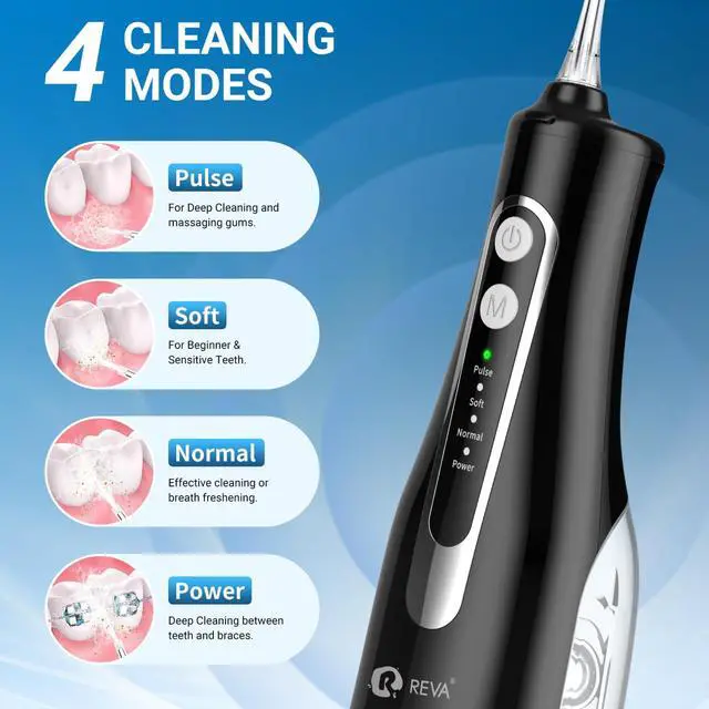 Alt view image 2 of 7 - Cordless Oral Irrigator Water Flosser for Teeth, Gums & Braces - 4 Modes, 300ML Tank, 360° Rotatable Nozzle, IPX7 Waterproof, USB Rechargeable 2000mAh Battery for Home & Travel (M149 Pro - Black)
