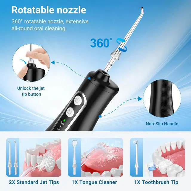 Alt view image 3 of 7 - Cordless Oral Irrigator Water Flosser for Teeth, Gums & Braces - 4 Modes, 300ML Tank, 360° Rotatable Nozzle, IPX7 Waterproof, USB Rechargeable 2000mAh Battery for Home & Travel (M149 Pro - Black)