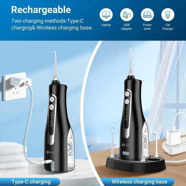 Alt view image 6 of 7 - Cordless Oral Irrigator Water Flosser for Teeth, Gums & Braces - 4 Modes, 300ML Tank, 360° Rotatable Nozzle, IPX7 Waterproof, USB Rechargeable 2000mAh Battery for Home & Travel (M149 Pro - Black)