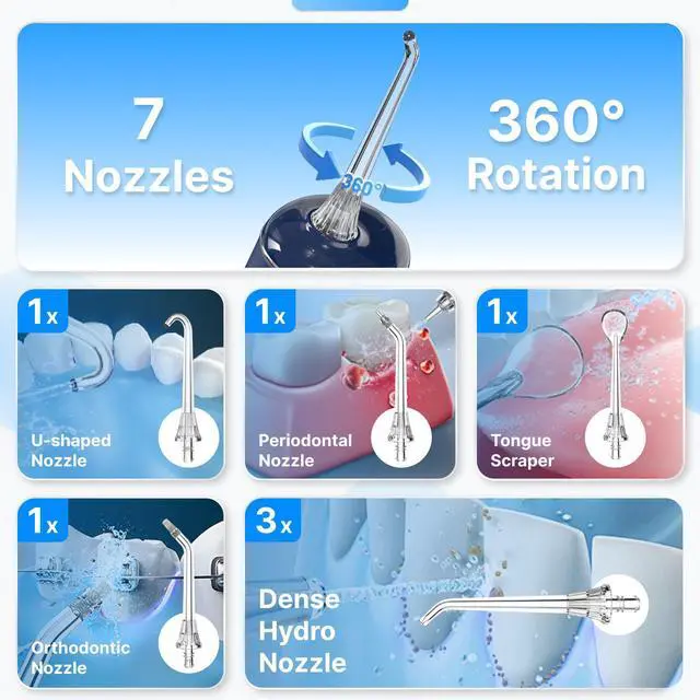 Alt view image 5 of 7 - Water Flosser for Teeth, Cordless Oral Irrigator Portable Dental Cleaner Picks with 8 DIY Modes 7 Jets 300ml Tank Braces Flossers Rechargeable (Blue)