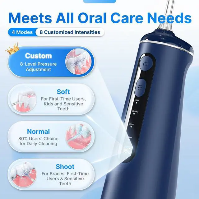 Alt view image 3 of 7 - Water Flosser for Teeth, Cordless Oral Irrigator Portable Dental Cleaner Picks with 8 DIY Modes 7 Jets 300ml Tank Braces Flossers Rechargeable (Blue)