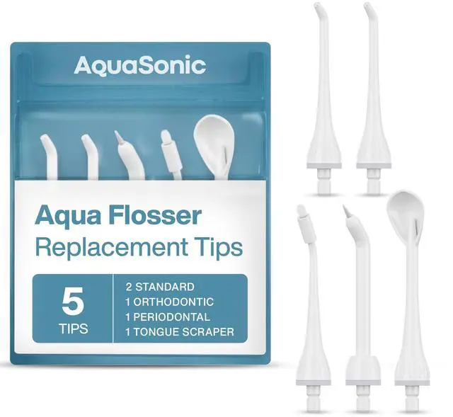 Main image of Genuine Aqua Flosser Replacement Tips - 5 Tips, 4 Types: Standard, Periodontal, Orthodontic & Tongue Scraper - Authentic Parts (White)