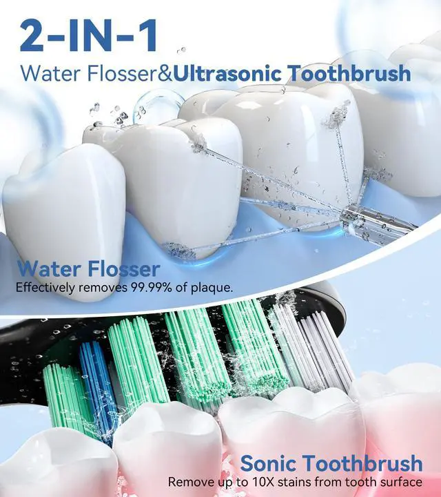 Alt view image 2 of 7 - Water Flosser & Ultrasonic Electric Toothbrush Combo, 600ML Water Dental Flosser with 7 Jet Tips, 10 Adjustable Water Pressure, 5 Toothbrush Heads for Home Use, Gums, Braces