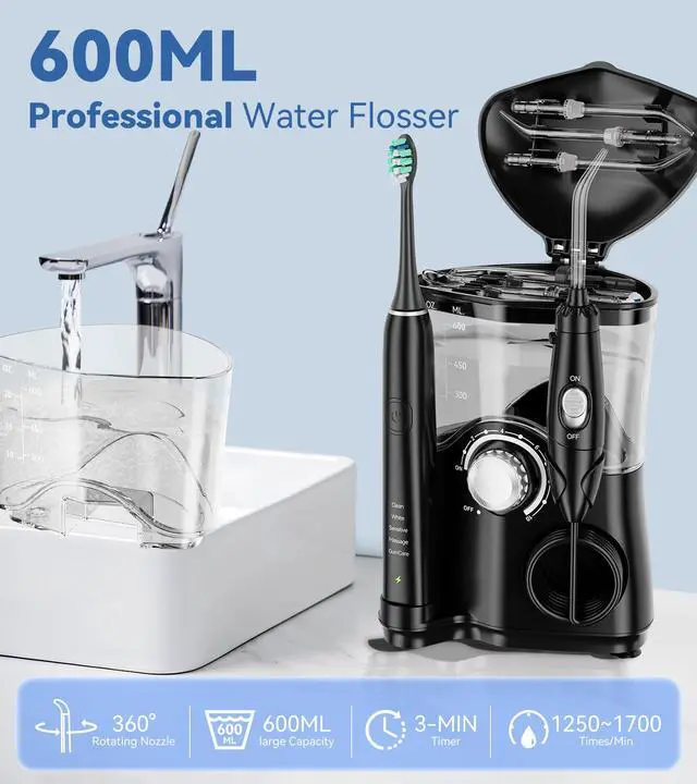 Alt view image 5 of 7 - Water Flosser & Ultrasonic Electric Toothbrush Combo, 600ML Water Dental Flosser with 7 Jet Tips, 10 Adjustable Water Pressure, 5 Toothbrush Heads for Home Use, Gums, Braces