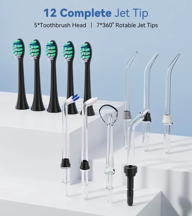 Alt view image 7 of 7 - Water Flosser & Ultrasonic Electric Toothbrush Combo, 600ML Water Dental Flosser with 7 Jet Tips, 10 Adjustable Water Pressure, 5 Toothbrush Heads for Home Use, Gums, Braces