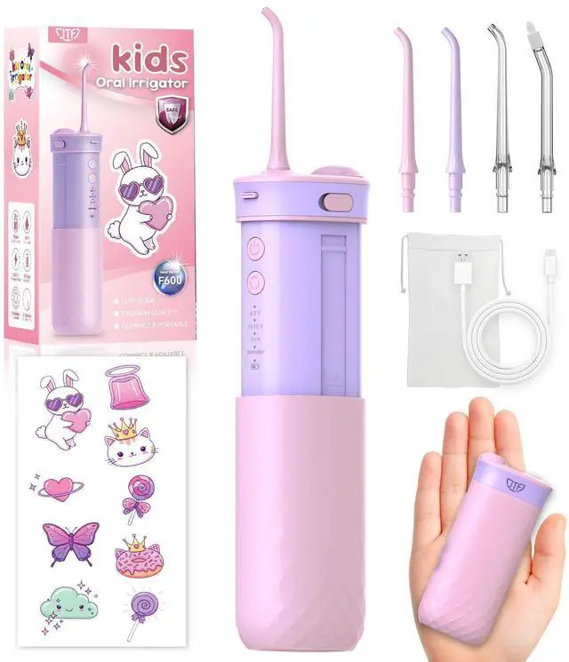 Main image of Portable Water Flosser for Kids: 4 Gentle Modes for Ages 6+, Safe & Effective for Sensitive Teeth, Braces - with DIY Stickers, 4 Nozzles, Travel Bag, Mini Compact Oral Irrigator for Home & School