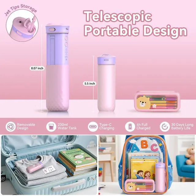 Alt view image 2 of 7 - Portable Water Flosser for Kids: 4 Gentle Modes for Ages 6+, Safe & Effective for Sensitive Teeth, Braces - with DIY Stickers, 4 Nozzles, Travel Bag, Mini Compact Oral Irrigator for Home & School
