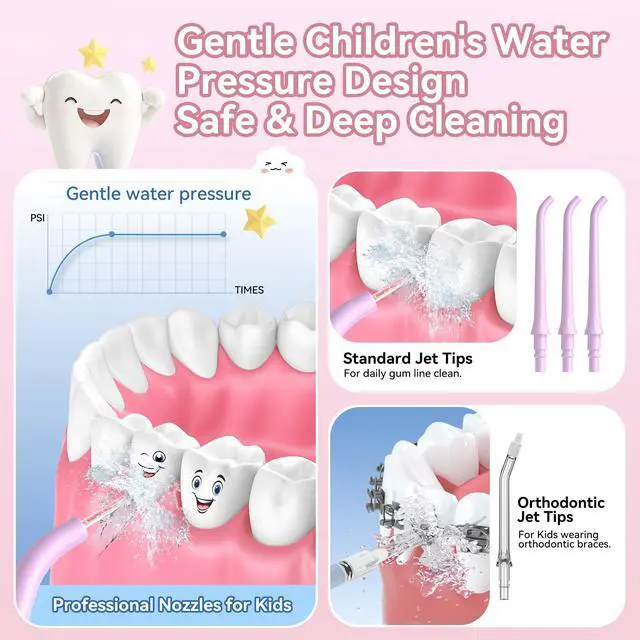 Alt view image 3 of 7 - Portable Water Flosser for Kids: 4 Gentle Modes for Ages 6+, Safe & Effective for Sensitive Teeth, Braces - with DIY Stickers, 4 Nozzles, Travel Bag, Mini Compact Oral Irrigator for Home & School