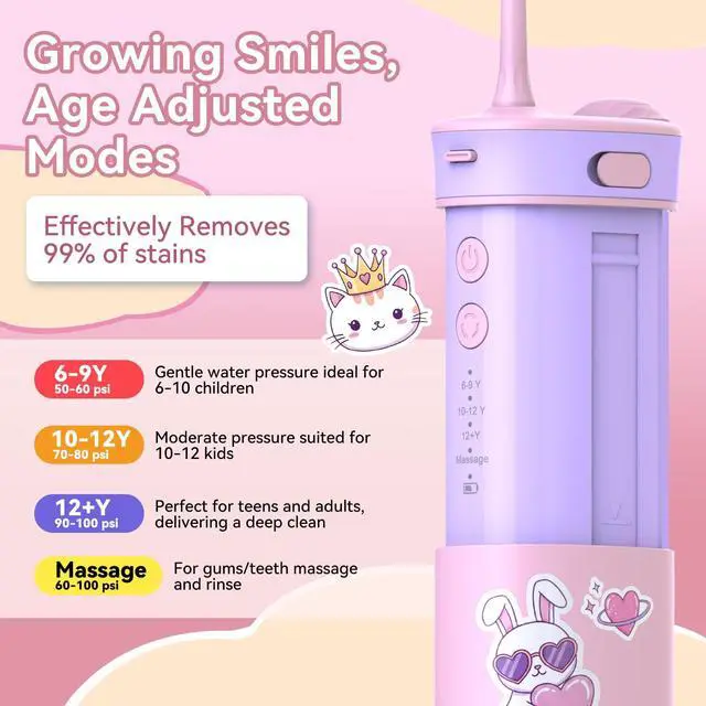 Alt view image 4 of 7 - Portable Water Flosser for Kids: 4 Gentle Modes for Ages 6+, Safe & Effective for Sensitive Teeth, Braces - with DIY Stickers, 4 Nozzles, Travel Bag, Mini Compact Oral Irrigator for Home & School