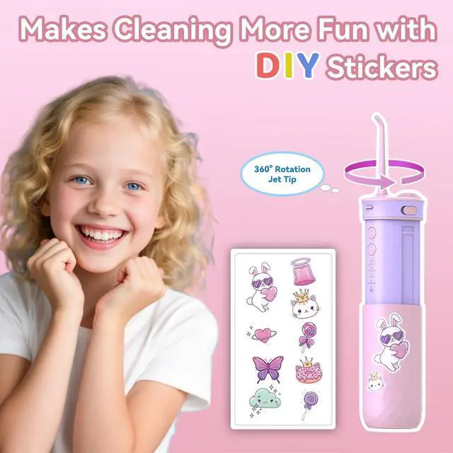 Alt view image 5 of 7 - Portable Water Flosser for Kids: 4 Gentle Modes for Ages 6+, Safe & Effective for Sensitive Teeth, Braces - with DIY Stickers, 4 Nozzles, Travel Bag, Mini Compact Oral Irrigator for Home & School