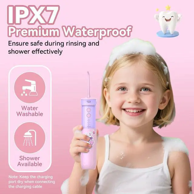 Alt view image 7 of 7 - Portable Water Flosser for Kids: 4 Gentle Modes for Ages 6+, Safe & Effective for Sensitive Teeth, Braces - with DIY Stickers, 4 Nozzles, Travel Bag, Mini Compact Oral Irrigator for Home & School