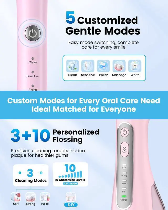Alt view image 3 of 7 - Electric Toothbrush with Water Flosser Combo: 2-in-1 Portable Oral Clean Kit for Effective Yet Gentle Brushing & Flossing, Multiple Modes for Braces & Sensitive Gums Care, Cordless for Home Travel
