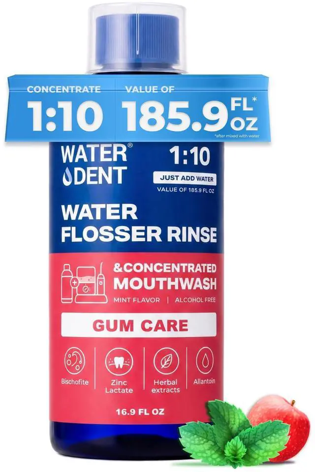 Main image of Water Flosser Rinse, Solution, Additive & Mouthwash for Gum Care Compatible with Waterpik & All Oral Irrigators, Concentrated, Alcohol & Fluoride Free, Apple Mint, 16.9 fl oz