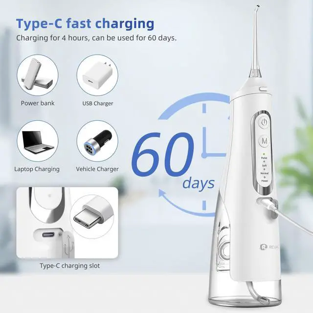 Alt view image 6 of 7 - Cordless Dental Water Flosser for Teeth, Gums & Braces - Electric Oral Irrigator 310ML, 4 Modes, Rechargeable, 4 Jet Tips, Smart Memory, 360° Nozzle, IPX7 Waterproof & Low Noise (M209 - White)