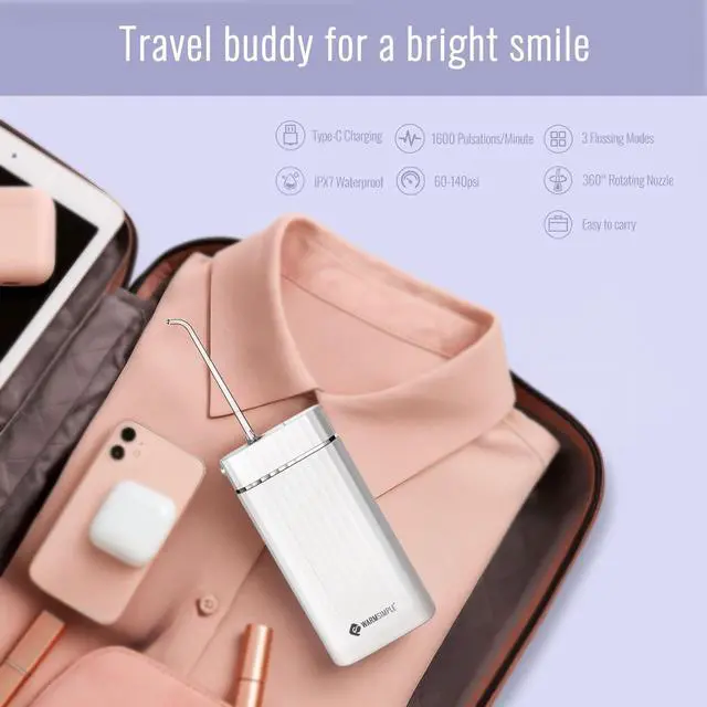 Alt view image 2 of 6 - Water Flossers for Teeth, Travel Portable Cordless Oral Irrigator Water flosser, Mini 4 Tips 3 Modes Teeth Cleaner, IPX7 Waterproof Water Floss for Brace Tooth, White