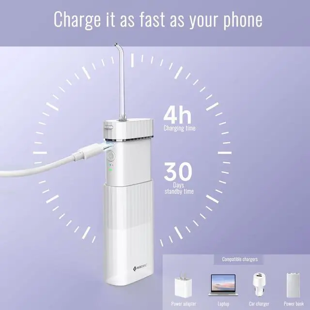 Alt view image 5 of 6 - Water Flossers for Teeth, Travel Portable Cordless Oral Irrigator Water flosser, Mini 4 Tips 3 Modes Teeth Cleaner, IPX7 Waterproof Water Floss for Brace Tooth, White