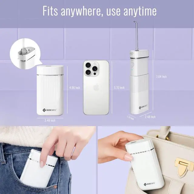 Alt view image 4 of 6 - Water Flossers for Teeth, Travel Portable Cordless Oral Irrigator Water flosser, Mini 4 Tips 3 Modes Teeth Cleaner, IPX7 Waterproof Water Floss for Brace Tooth, White