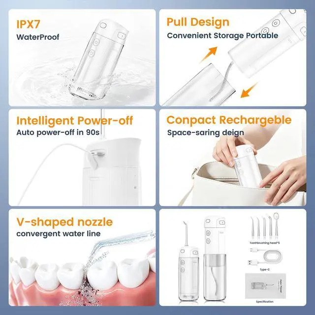 Alt view image 5 of 7 - Mini Water flosser, Suitable for Teeth, Gums, and Braces, Designed for Oral Carethe IPX7 Waterproof Electric Water flosser Features 4 Modes and 5 nozzles to Meet the Needs of Different Users