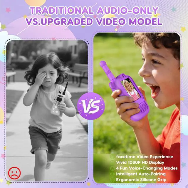 Alt view image 7 of 7 - Video Walkie Talkies for Kids, Silicone Anti-Fall 2 Pack Rechargeable Kids Walkie Talkies with Camera, Indoor Outdoor Toys, Christmas Birthday Gifts for Boys Girls Ages 3+, Pink & Purple Set