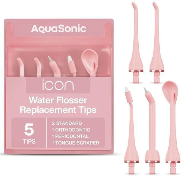 Main image of Genuine Icon Water Flosser Replacement Tips - 5 Tips, 4 Types: Standard, Periodontal, Orthodontic & Tongue Scraper - Authentic Parts (Blush)