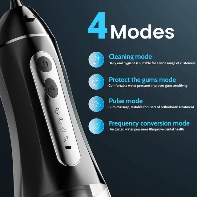 Alt view image 3 of 7 - Water Flossers for Teeth, Electric Floss for Adults, Water Dental Picks for Teeth Cleaning and Flossing, Portable Flossers for Travel Size, Travel Bag and 4 Tips, IPX7 Waterproof - Black