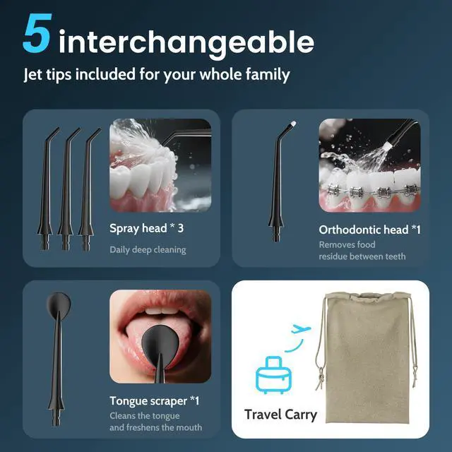Alt view image 7 of 7 - Water Flossers for Teeth, Electric Floss for Adults, Water Dental Picks for Teeth Cleaning and Flossing, Portable Flossers for Travel Size, Travel Bag and 4 Tips, IPX7 Waterproof - Black