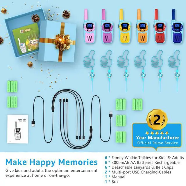 Alt view image 7 of 7 - Walkie Talkies for Kids Long Range Walkie-Talkie for Adults Rechargeable 6 Pack with Lanyard NOAA USB, Family Pink 2 Way Radio Toys for 3-12 Year Old Boys Girls Toddlers Camping Skiing
