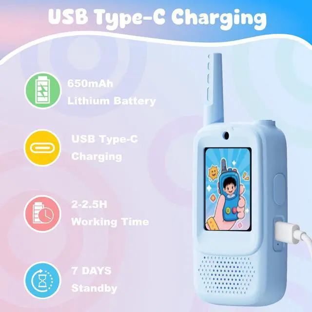 Alt view image 5 of 7 - Video Walkie Talkies for Kids, Handheld 2 Pack Rechargeable Video Walkies Talkies, Indoor Outdoor Toys Christmas Birthday Gifts for Age 3-12 Year Old Girls Boys (Blue & Pink)