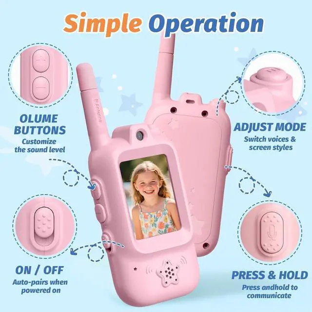 Alt view image 5 of 7 - Walkie Talkies for Kids with Real-Time Video Chat, 2 Pack Rechargeable Two-Way Radios, Long Range & Voice Changer, Indoor Outdoor Adventure Toys for Boys Girls Age 3-12 (Blue/Pink)