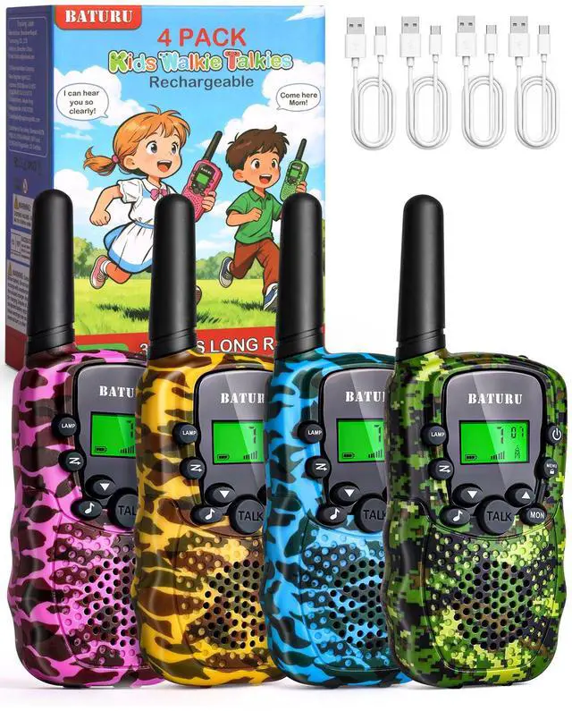 Main image of Walkie Talkies for Kids 4 Pack Outdoor Toys Games for Boys Girls 3 Miles Long Range Walkie Talkie Rechargeable with Clear Sound Camping, Hiking, Birthday Gifts for 3 4 5 6 7 8 9 10 11 12 Year Old Kids
