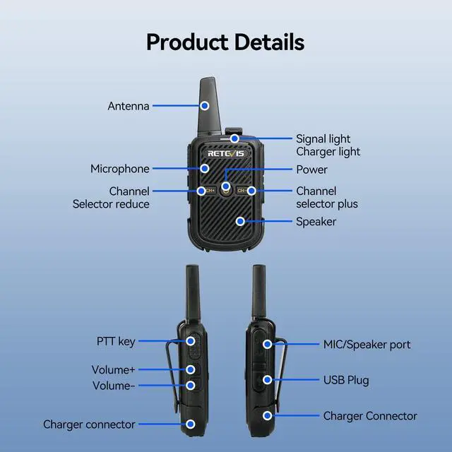 Alt view image 7 of 7 - RT15 Mini Walkie Talkies for Adults, Small Portable 2 Way Radios