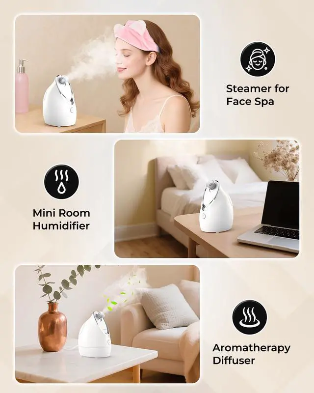 Alt view image 6 of 7 - Facial Steamer for Face, 3 in 1 Face Steamer for Facial Deep Cleaning, Compact Nano Steamer - Aromatherapy, Adjustable Nozzle Warm Steam for Home SPA, Face Steamer for Sinuses with Hairband