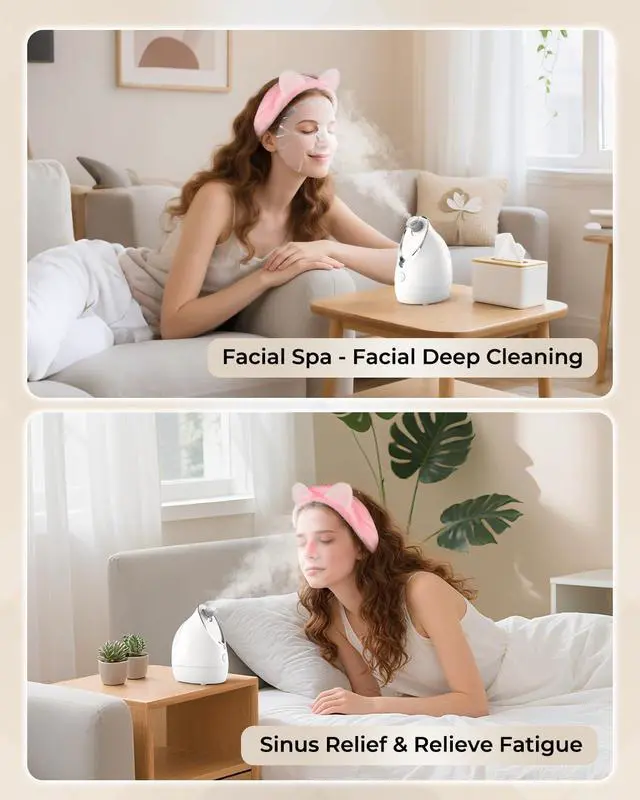 Alt view image 7 of 7 - Facial Steamer for Face, 3 in 1 Face Steamer for Facial Deep Cleaning, Compact Nano Steamer - Aromatherapy, Adjustable Nozzle Warm Steam for Home SPA, Face Steamer for Sinuses with Hairband