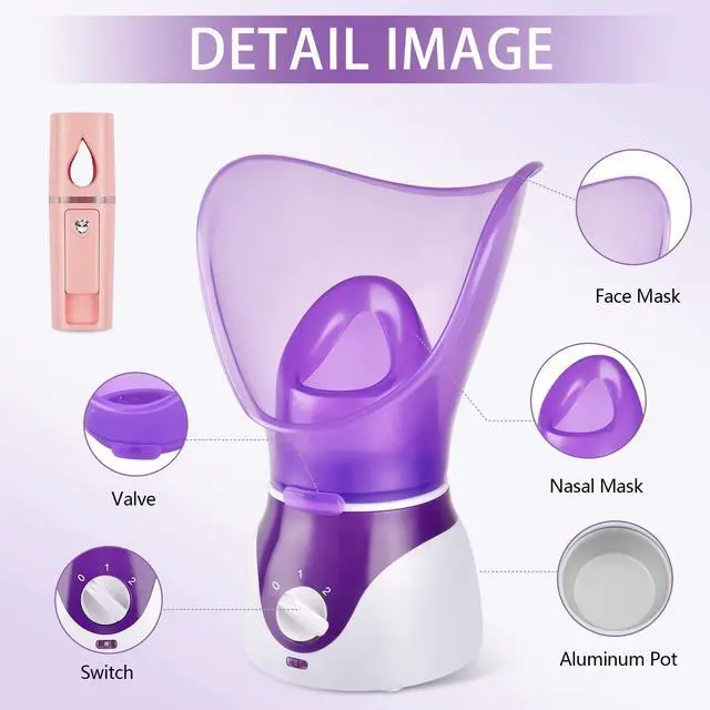 Alt view image 6 of 7 - Facial Steamer - Nano Ionic Face Steamer for Deep Cleaning, Hot Mist Face Humidifier Set for Women & Men, Moisturizing Cleansing Pores with Blackhead Remover Kit, Purple