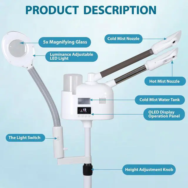 Alt view image 2 of 7 - Professional 3 in 1 Facial Steamer Deep Cleaning Ozone Facial Steamer with 5X Magnifying Light & Rolling Wheels Hot/Cold Mist Function for Salon Spa Home Beauty Equipment, White