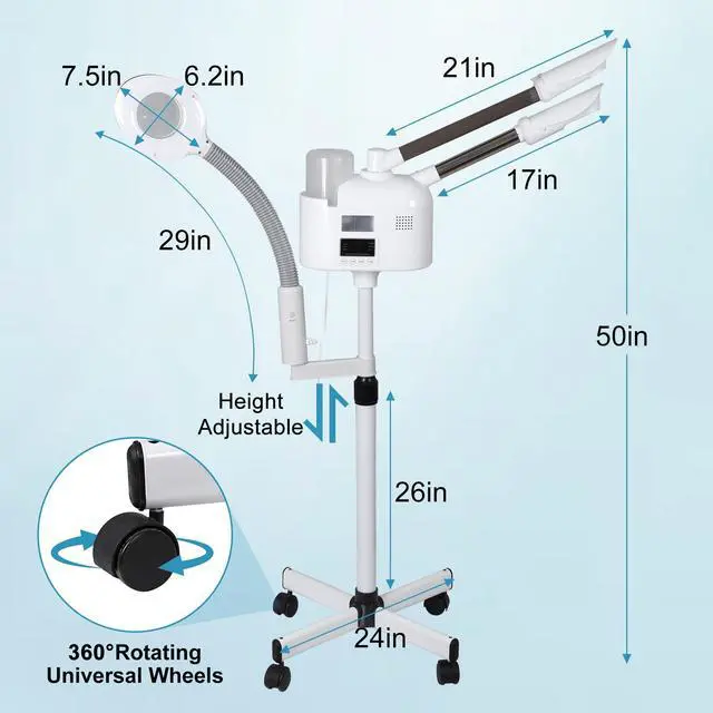 Alt view image 3 of 7 - Professional 3 in 1 Facial Steamer Deep Cleaning Ozone Facial Steamer with 5X Magnifying Light & Rolling Wheels Hot/Cold Mist Function for Salon Spa Home Beauty Equipment, White