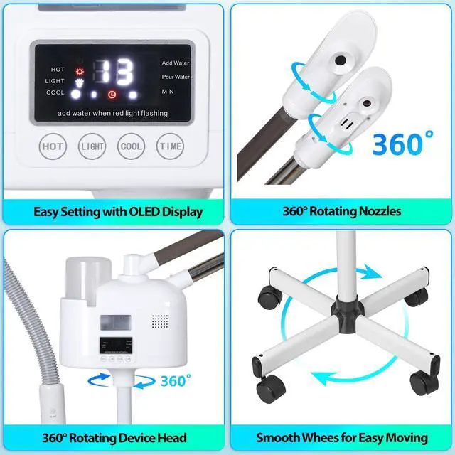Alt view image 7 of 7 - Professional 3 in 1 Facial Steamer Deep Cleaning Ozone Facial Steamer with 5X Magnifying Light & Rolling Wheels Hot/Cold Mist Function for Salon Spa Home Beauty Equipment, White