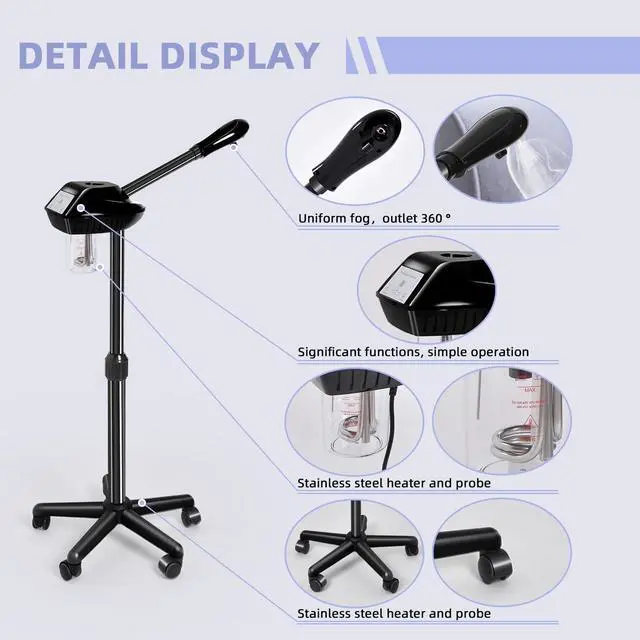 Alt view image 7 of 7 - Rollable Facial Steamer with Powerful Steam Output, Adjustable Height Face Steamer, Professional Skin Hydrating Moisturizing Spa Machine for Home & Beauty Salon Use