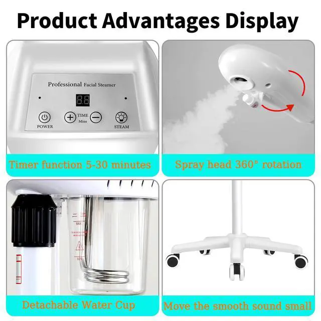 Alt view image 4 of 7 - Professional Facial Steamer More Steam,Spa Face Steamer on Wheels(White)